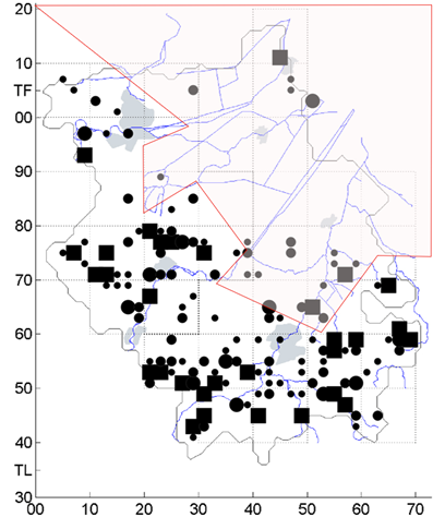 Cambridgeshire tetrads by the highest number of years with birds present in the five years 2015-20. Map by Louise Bacon.